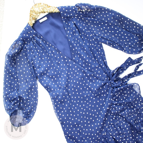 Navy Blue Dotted Ruffle Hem Wrap Dress - Picture 3 of 8